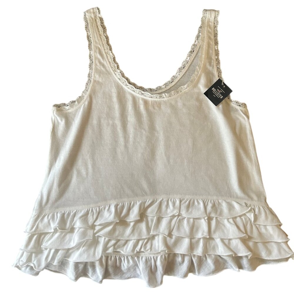 Y2K Hollister Women's Blouse Lace Trim Ruffles Sleeveless White Tank Top NWT